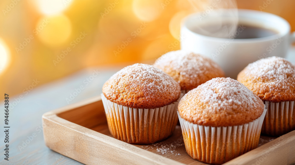 Sticker Pumpkin spice muffins topped with cinnamon sugar arranged on a wooden tray next to a steaming cup of coffee warm golden light cozy autumn feel 