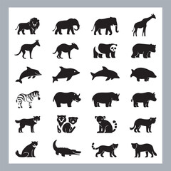 Set of silhouette logotype icons animal Lion, Elephant, Tiger, Giraffe, Kangaroo, Panda, Gorilla, dolphin, cat, deer, Polar Bear, Zebra, fox in white background