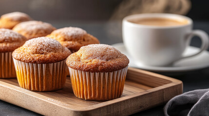 Pumpkin spice muffins topped with cinnamon sugar arranged on a wooden tray next to a steaming cup of coffee warm golden light cozy autumn feel 