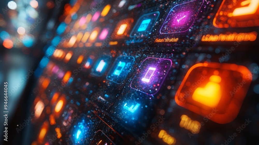 Poster holographic symbols light up an advanced interface, showcasing different categories with vibrant col