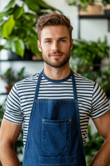 Fototapeta premium Retail employee in a fashionable yet functional outfit with a denim apron over a striped shirt and slim-fit jeans modern boutique setting warm lighting and minimalist decor 
