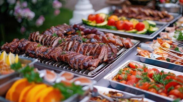 mouthwatering array of gourmet dishes on elegant catering buffet featuring perfectly grilled meats vibrant sides and artistic presentation