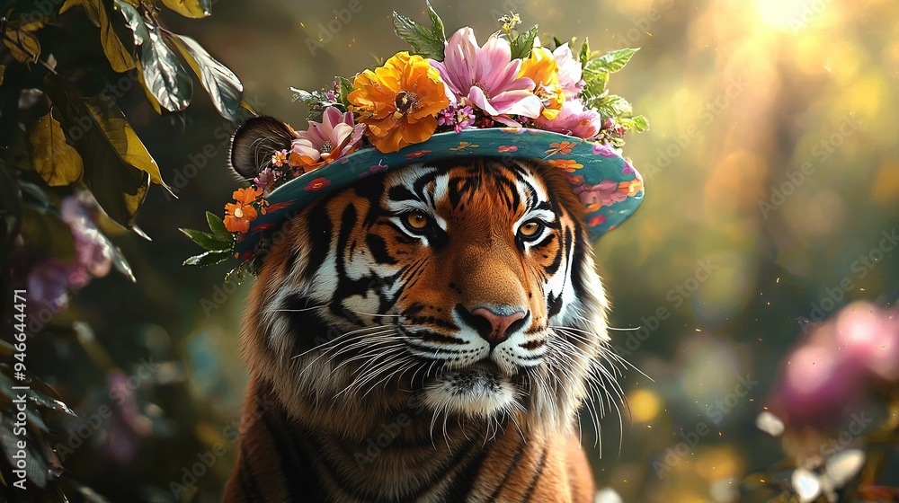 Sticker   A close-up of a tiger wearing a hat with flowers in its head and a butterfly on its forehead