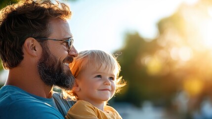 Fototapeta premium A father, wearing glasses, smiles alongside his child in an outdoor setting, showcasing their happiness and enjoyment on a sunny day filled with warmth and sunlight.