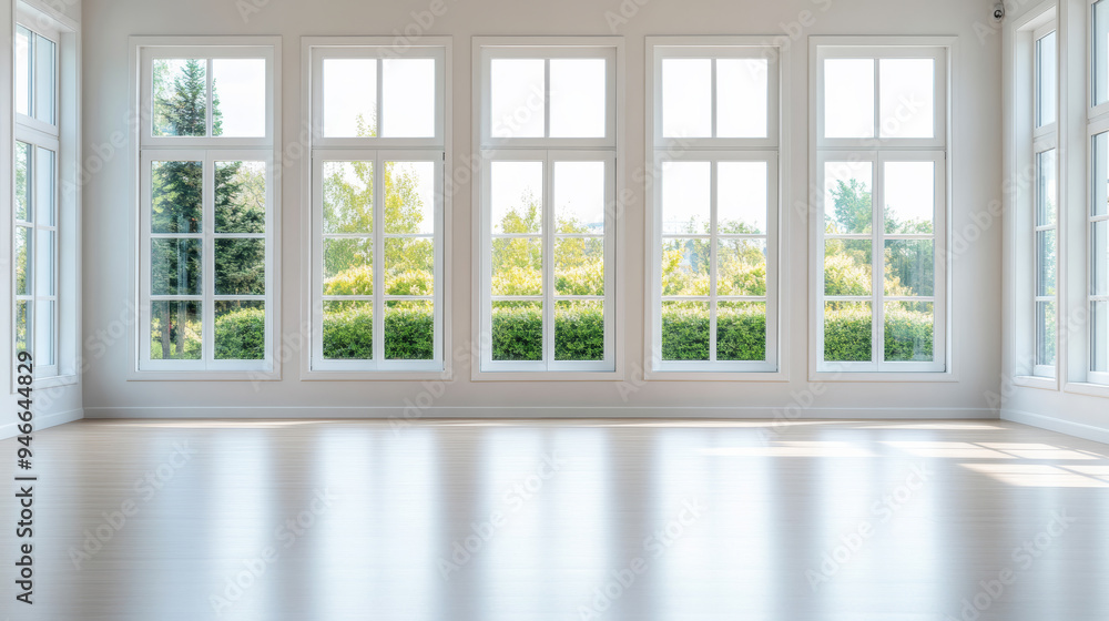 Poster row of various pvc window frames on display in a bright showroom different styles and sizes sleek an