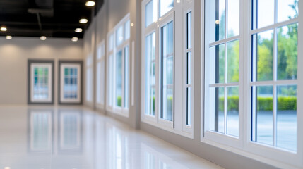 Row of various PVC window frames on display in a bright showroom different styles and sizes sleek and durable design perfect for customer choice 