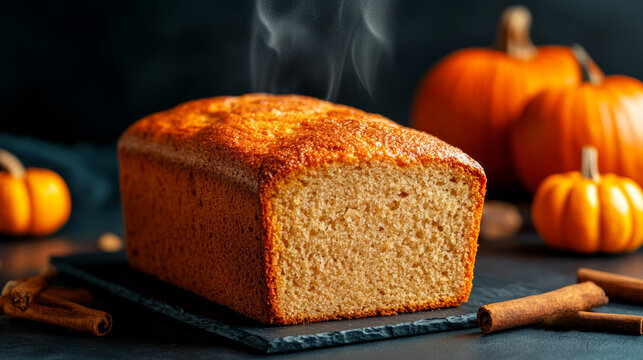 Rustic pumpkin spice bread loaf fresh out of the oven with steam rising from the top cinnamon sticks and pumpkins scattered in the background rich textures 