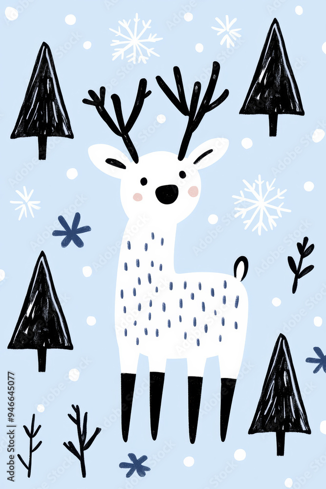 Poster Scandinavian-inspired Christmas invitation featuring simple line art reindeer trees and snowflakes in pastel hues soft blue background for a minimalist holiday vibe 