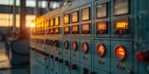 An industrial control panel with gauges, digital displays, and buttons