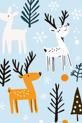 Scandinavian-inspired Christmas invitation featuring simple line art reindeer trees and snowflakes in pastel hues soft blue background for a minimalist holiday vibe 