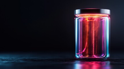 A jar glows with vibrant colors in a dark setting, creating a mesmerizing and mysterious atmosphere. The vivid hues stand out starkly against the dark background.