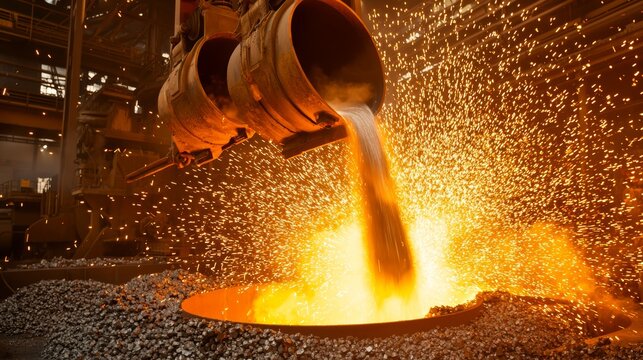 A steel mill with molten metal being poured into molds, creating sparks and intense heat