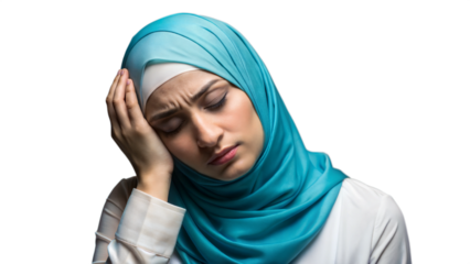 A woman in a blue hijab holding her head in distress.
