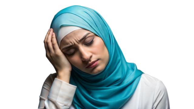 A woman in a blue hijab holding her head in distress. - Powered by Adobe