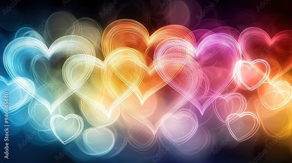 Poster a cluster of glowing hearts on a dark canvas with a hazy depiction of the same