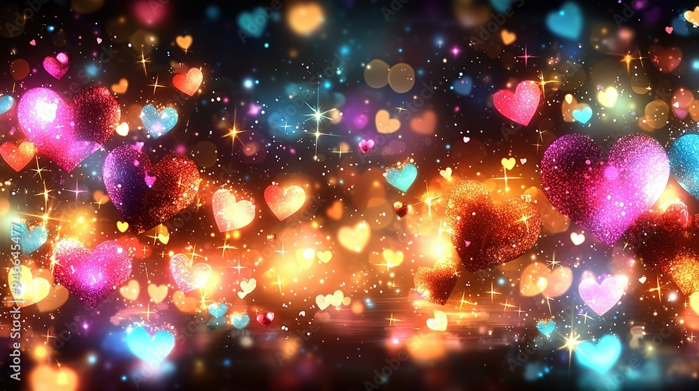 Poster a clear picture of multiple red hearts on a dark background against a backdrop of twinkling stars an