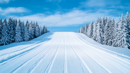 Obraz premium Ski jumping hill captured from below emphasizing its steep angle surrounded by snowy forests deep blue sky overhead intense perspective 