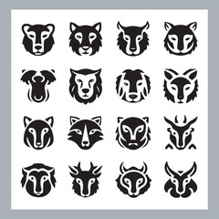 Fototapeta premium Set of silhouette logotype icons animal Lion, Elephant, Tiger, Giraffe, Kangaroo, Panda, Gorilla, dolphin, cat, deer, Polar Bear, Zebra, fox in white background