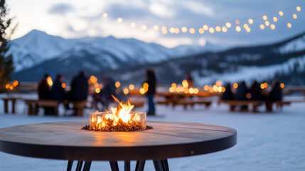 Ski resort during après-ski time outdoor bars and fire pits filled with people in warm winter gear snowy mountains in the background lively social atmosphere with festive music 