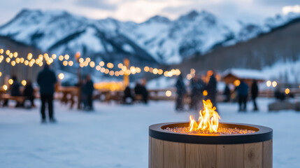 Ski resort during après-ski time outdoor bars and fire pits filled with people in warm winter gear snowy mountains in the background lively social atmosphere with festive music 