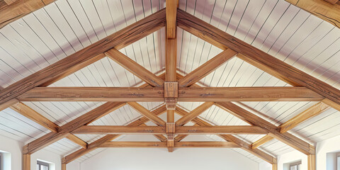 Obraz premium Elegant Wood Beams: A high contrast photo of a wooden ceiling adorned with decorative beams, creating a warm and inviting ambiance.
