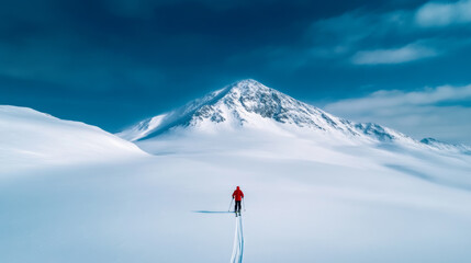 Skier navigating steep untouched powder field graceful turns kicking up clouds of snow vast mountain range stretching to the horizon remote and wild setting 