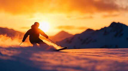 Skier shredding down a remote backcountry slope snow billowing behind them sunset light casting a warm glow over distant peaks wild and exhilarating ride 