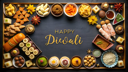 diwali sweets and happy diwali text with copy spac