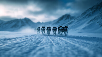 Sled dog team racing through snowy wilderness musher guiding the sled vast snowy landscape powerful dogs kicking up snow intense winter adventure 