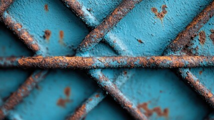 A corroded blue metal surface with significant rust patterns, highlighted in a close-up view, showcasing the texture, age, and decay of industrial materials over time.