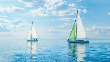 Fototapeta premium A pair of sailboats glide atop a vast expanse of water beneath a bright blue sky and fluffy white clouds