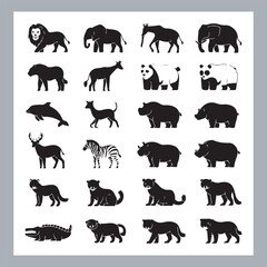 Set of silhouette logotype icons animal Lion, Elephant, Tiger, Giraffe, Kangaroo, Panda, Gorilla, dolphin, cat, deer, Polar Bear, Zebra, fox in white background