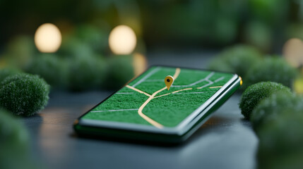 Smartphone navigation with a highlighted route to the customer while food delivery progresses in real-time focusing on modern tracking technology 