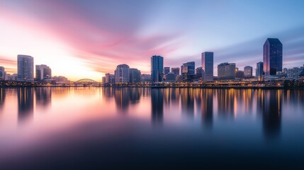 Obraz premium City skyline at dusk with glowing skyscrapers reflecting on a calm river, urban glowtime, serene and modern