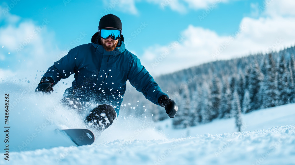 Aufkleber snowboarder on a steep slope struggling to strap in while sliding backward uncontrolled snow splashi
