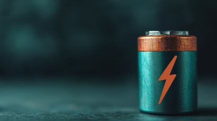 A close-up image of a teal and copper battery displaying a lightning bolt symbol, highlighting its power and energy capabilities suitable for various electronic devices.