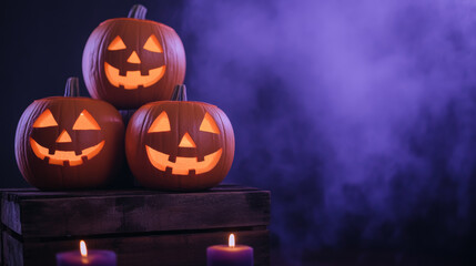 Spooky Halloween showcase with glowing jack-o'-lanterns stacked on wooden crates, surrounded by flickering candles and fake cobwebs dark backdrop with eerie purple lighting 
