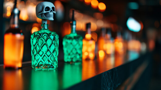Spooky Halloween-themed bar with glowing green and orange cocktails, cobweb-covered bottles, and hanging skeleton decor dim lighting enhances the eerie vibe 