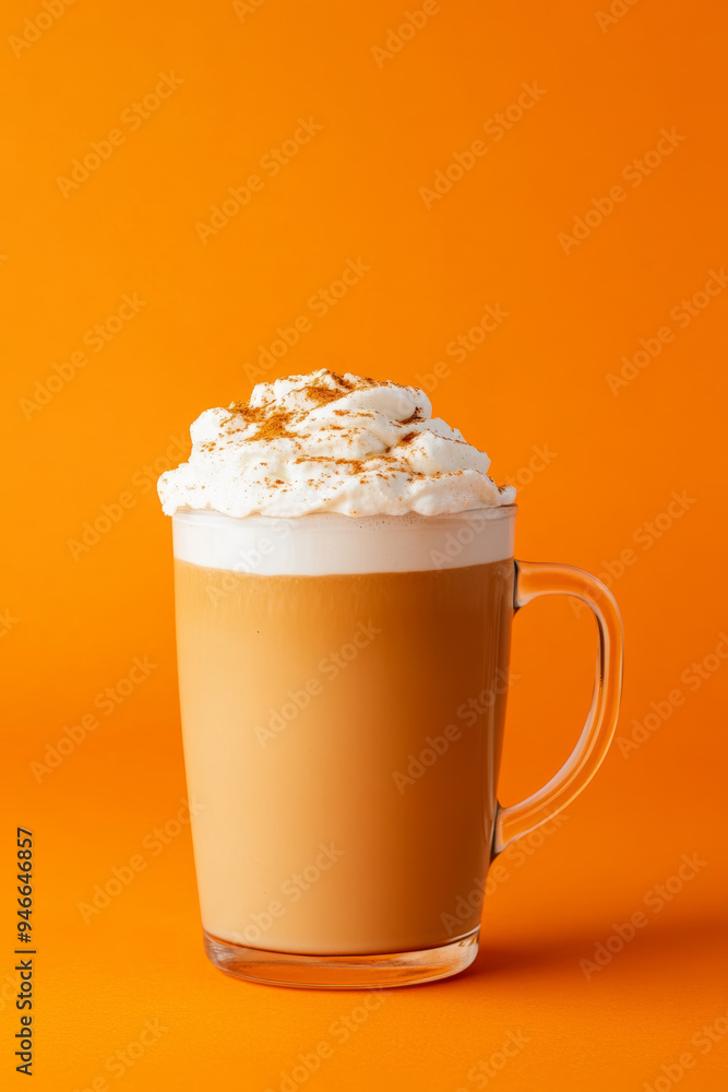 Poster steaming pumpkin spice latte with creamy foam and a dusting of nutmeg in a glass cup isolated on a s