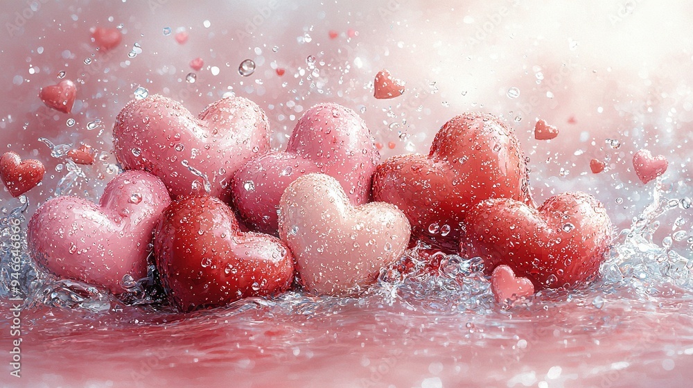 Poster red and pink heart cluster submerged in liquid with droplets above and below