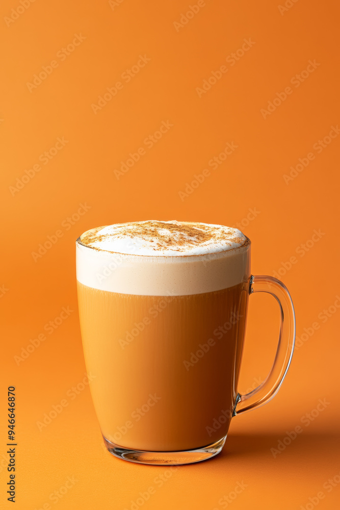 Poster steaming pumpkin spice latte with creamy foam and a dusting of nutmeg in a glass cup isolated on a s