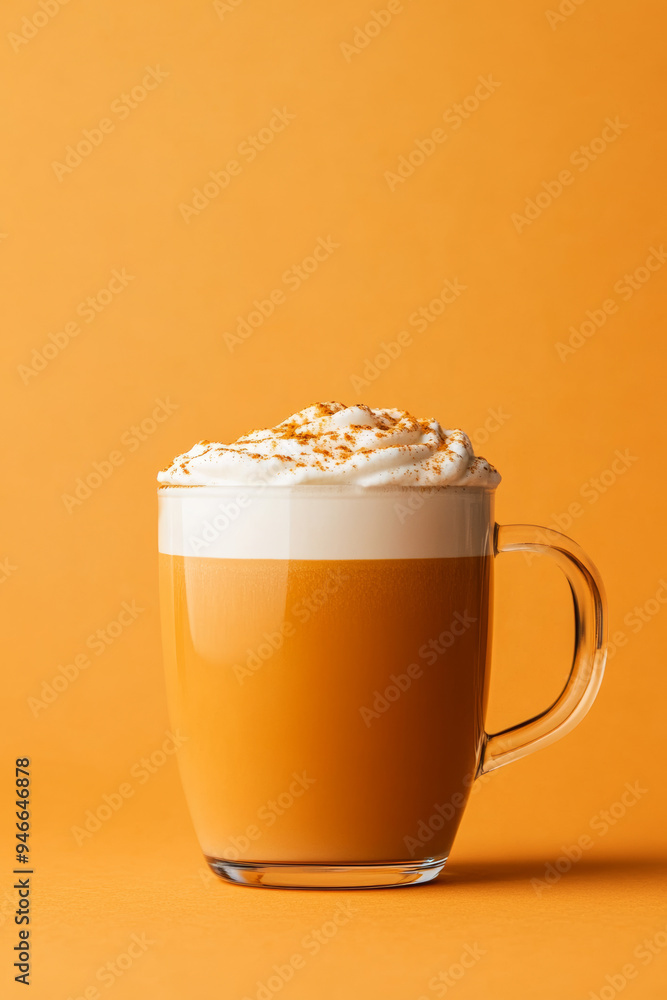 Poster steaming pumpkin spice latte with creamy foam and a dusting of nutmeg in a glass cup isolated on a s