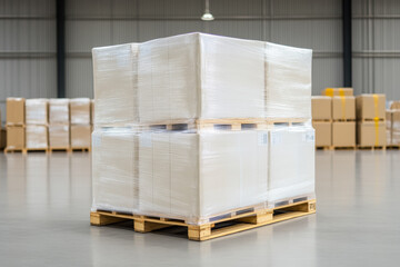 Stack Package Boxes Wrapped Plastic on Pallets at Distribution Warehouse 