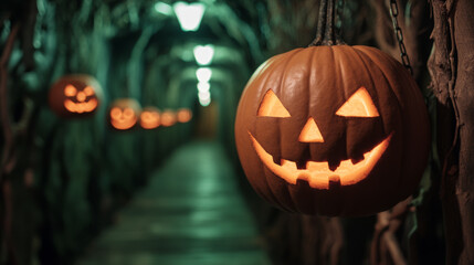 Store entrance decked with gnarled tree branches, old lanterns glowing with ghostly green light, pumpkin stack with carved faces, chains hanging from above, dim-lit path leading in 