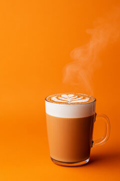 Steaming pumpkin spice latte with creamy foam and a dusting of nutmeg in a glass cup isolated on a soft orange gradient background with text space 