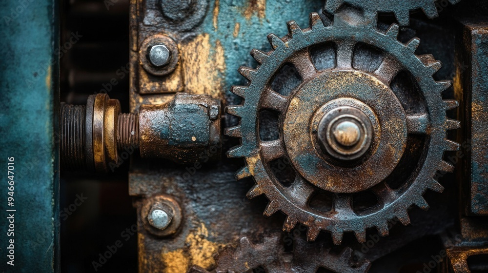 Poster close-up of a rusty cogwheel with a central bolt
