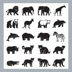 Set of silhouette logotype icons animal Lion, Elephant, Tiger, Giraffe, Kangaroo, Panda, Gorilla, dolphin, cat, deer, Polar Bear, Zebra, fox in white background