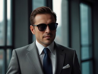 Fototapeta premium Confident Businessman in Sunglasses Standing in Modern Office Environment