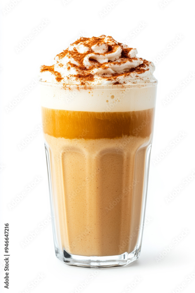 Poster tall pumpkin spice latte in a transparent glass with layers of creamy foam and cinnamon sprinkles on