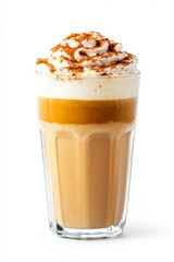 Tall pumpkin spice latte in a transparent glass with layers of creamy foam and cinnamon sprinkles on a clean white background isolated with soft shadows 